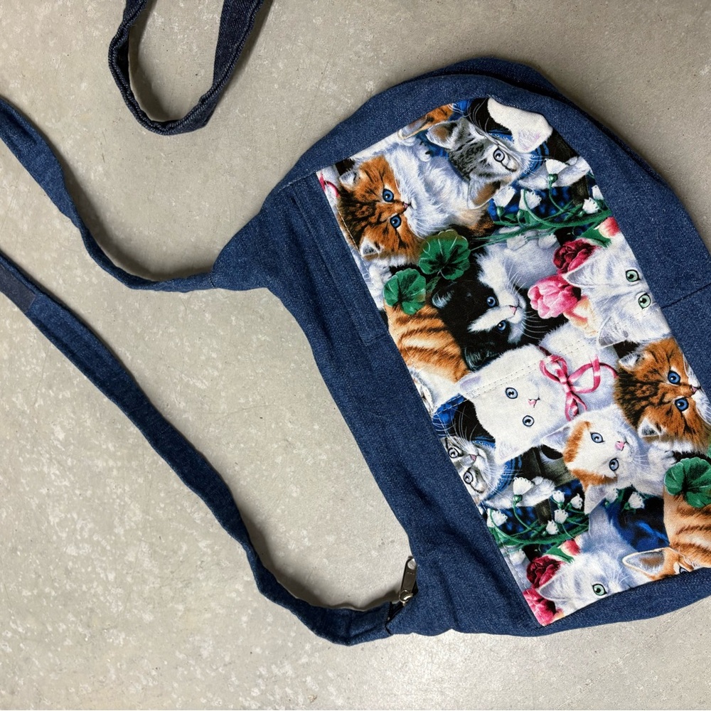 Cat Print Denim Crossbody Bag